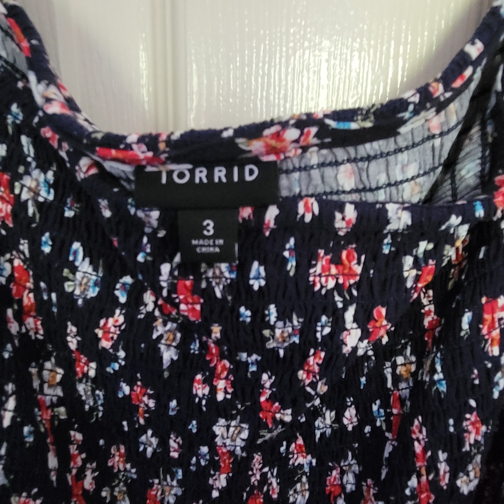 Torrid Navy Floral Blouse with Red Accents